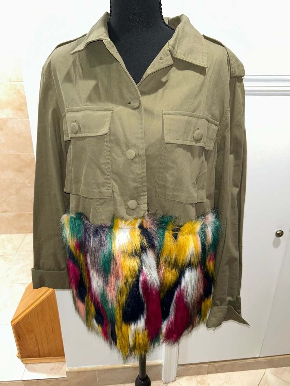 SHEIN Utility Jacket Multi-Color Faux Fur Hem